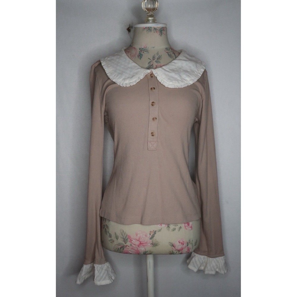 Anthropologie Pilcro Keira Blouse Womens M Beige Peter Pan Collar Ruffle Cottage
